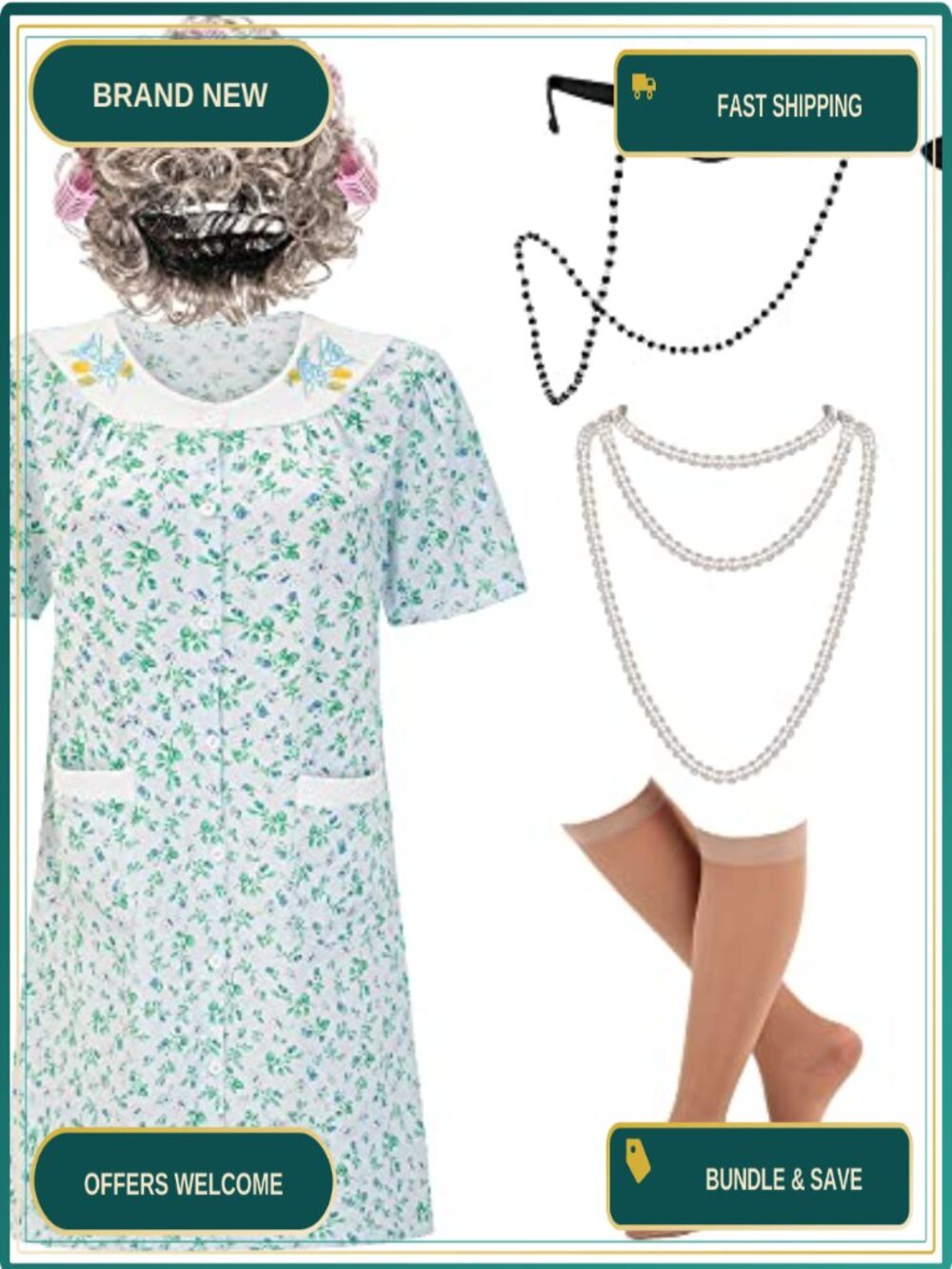 Old Lady Costume Kit Nightgown Wig Cane Glasses Grandma Cosplay Halloween